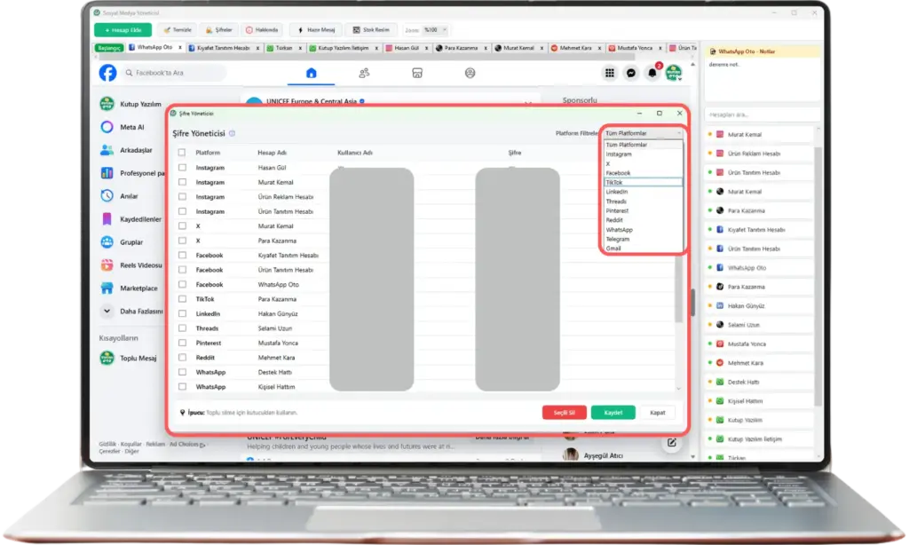 Sosyal Medya Yönetimi Programı Kaydedilen Şifreler